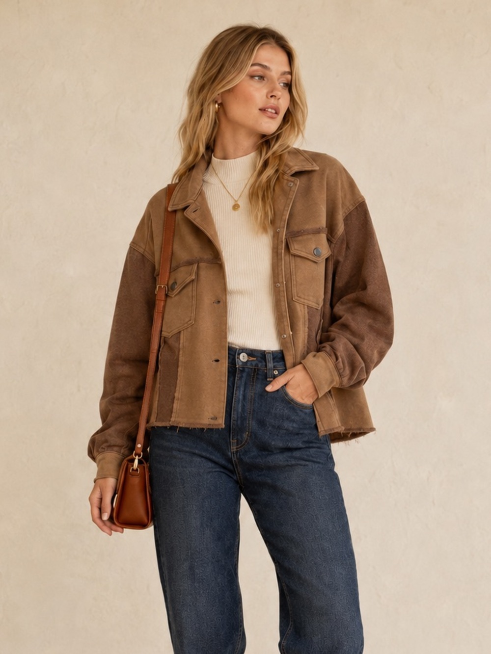 POL Women's Brown French Terry Jacket oversized